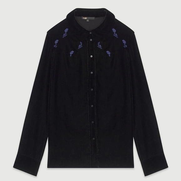 MAJE Velvet Floral Embroidered Long Sleeve Western Snap Button Collared Shirt M - Picture 9 of 12